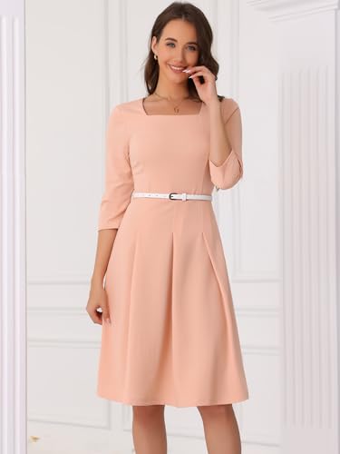 Image of Allegra K Work Dress for Women's Square Neck 3 /4 Sleeve Belted Wedding Guest Church Pleated Midi Dresses