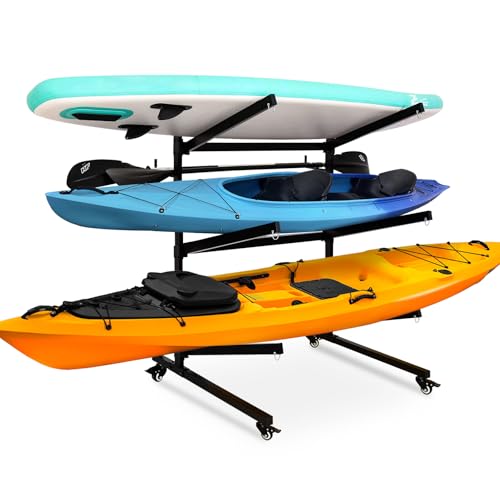 YPJIAJV Kayak Storage Rack with Lockable casters,Thickened Heavy Duty Kayak Stand?Holds 3 Kayaks Canoe Paddleboard, for Indoor, Outdoor, Garage, shed, Marina Kayak Storage Racks