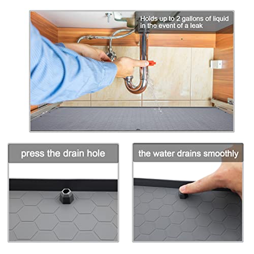 Under Sink Mat Tray,34" X 22" Silicone Under Sink Mat For Kitchen Cabinet,Waterproof Shelf Liner With Drain Hole,Kitchen Bathroom Cabinet Mat For Leaks, Drips, Spills (Grey) #TOP2