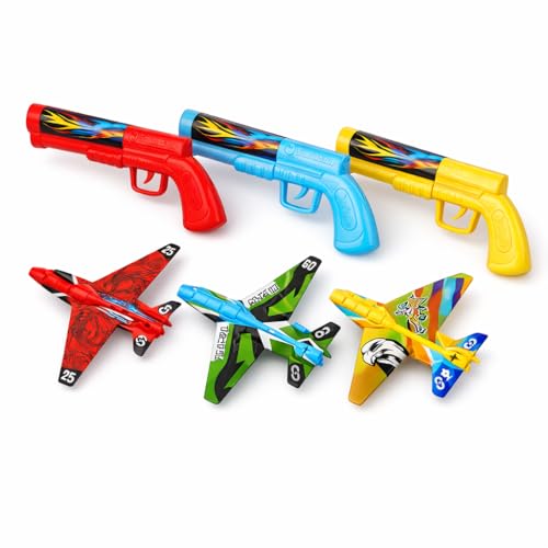 USTASS Pack de 3 - Avion de Chasse avec Lanceur Pistolet, Jouet en Mousse, 3 Avions 9,5 cm et 3 Lanceurs 22 cm, Âge 3+