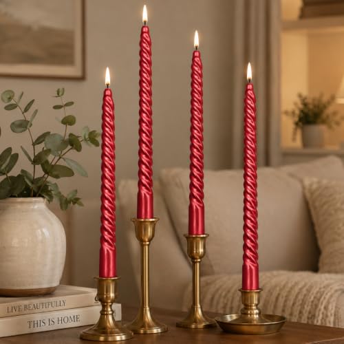 Gedengni Twist Candlesticks Red Taper Candle,10inches Spiral Candles Long Tapered Candles Dripless Twisted Candlestick for Dinner Dining Table Wedding Festive Party,SM101-RED