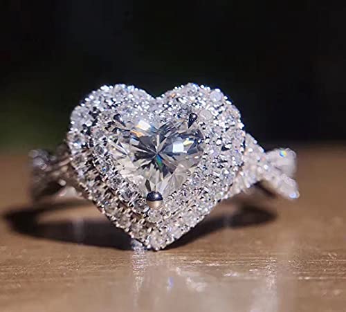 18K White Gold Plated 925 Silver 5A Zircon Stone 925 Silver Engagement Wedding Band Ring for Women Luxury Micro Inlaid Heart-shaped Simulation Diamond Ring(6)2