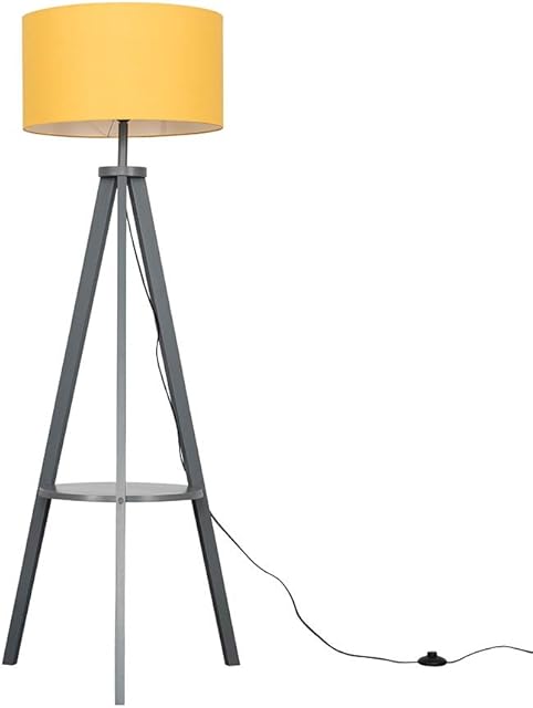 MiniSun Modern Grey Wood Tripod Design Floor Lamp with Storage Shelf & Mustard Drum Shade - Complete with a 6w LED Bulb [3000K Warm White]