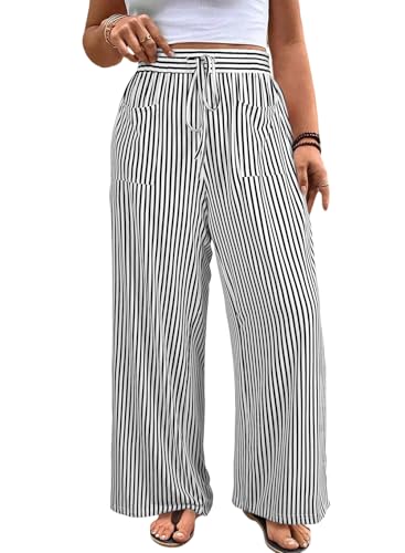 Eytino Womens Plus Size Casual Striped Wide Leg Pants Elastic High Waisted 2026 Summer Fashion Palazzo Pants Trousers 3X Black Stripe