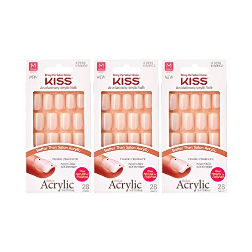 Kiss Salon Acrylic Natural 28 Count Medium Length Flat Tip (Pack of 3)