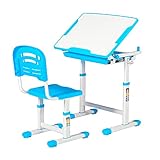 FOUJOY Kids Study Desk and Chair Set Adjustable Height Tiltable Desktop Writing Desk Multifunctional Desk Storage Drawer for Children