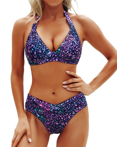 Image of Yonique Women Two Piece Bathing Suits Push Up Bikini Set Halter Swimsuit Vintage Swimwear