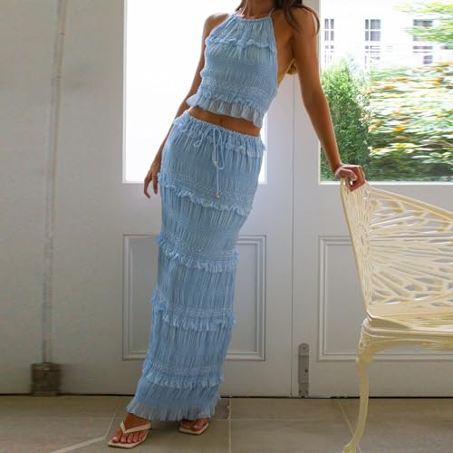 Women 2 Pics Maxi Skirt Sets Shirred Tie-up Halter Sleeveless Open Black Tank Tops Drawstring Long Skirt Outfit4