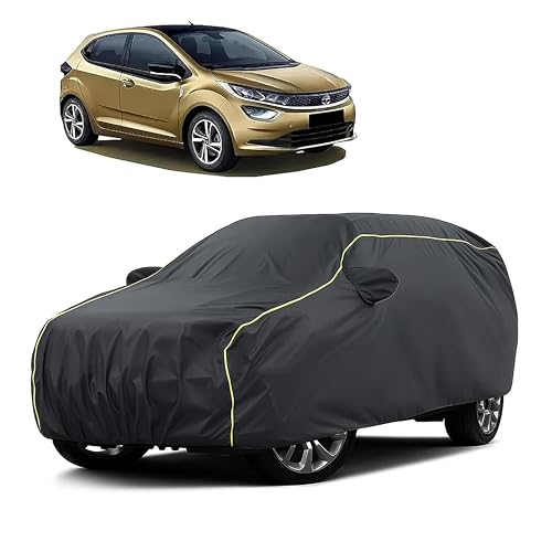 Image of Sulfar 100% Water Resistant Car Body Cover Compatible with Mirror for Tata Altroz (Triple Stitched, Full Bottom Elastic, Dark Grey Taffeta with Yellow Piping)