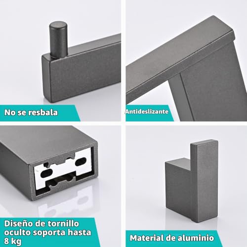 Miniatura 4 de Hanfu Accesorios Baño Set De 5 Piezas, Toalleros De Baño De Pared Aluminio, Toallero 40cm, Toallero De Papel Y Gancho Para Toalla De Baño, Colgador Toalla Baño Juego Cuartos Set De Baño, Gris