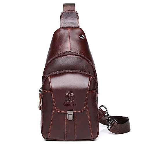 LUKZIJAES Genuine Leather Sling Bag for Men Casual Crossbody Shoulder Chest Pack Daypack Outdoor Travel Hiking Backpack (#10-Coffee)