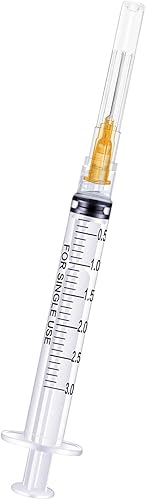 Jeringas de 0.1 fl oz con aguja, 25G, jeringa Luer Lock de aguja de 1.0 pulgadas, estéril envuelta individualmente (paquete de 0.11 onzas