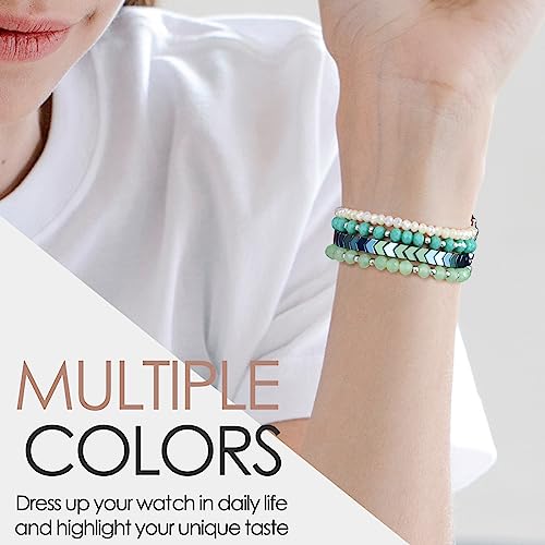 Image of MOFREE Beaded Bracelet Compatible with Apple Watch Band 38mm /40mm /41mm /42mm, Fashion Elastic Stretch Women Bands for iWatch Series 11 /10 /9 /8 /7 /SE /6 /5 /4 /3 /2 /1 iPhone Watch Strap Bands Green
