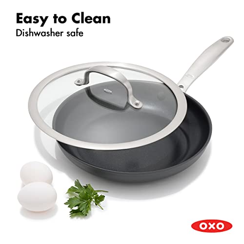 Image of OXO Good Grips Pro, 9.5 inch Frying Pan Kitchen Skillet with Lid, 3-Layered German Engineered Nonstick Coating, Dishwasher Safe, Oven & Broiler Safe, Stainless Steel Handle, Black