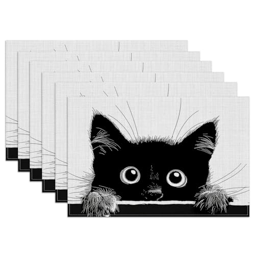 Cute Black Cat Placemats Set of 6, Washable Heat Resistant Table Mat Animal Linen Place Mats for Party Kitchen Dining Home Decor 12x18 Inch