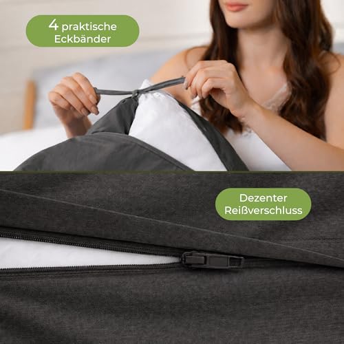 Dreamzie Bettwäsche 155x220 100% Baumwolle 3-teilig mit 2 Kissenbezüge 80x80 cm - Bio-Baumwolle Percale 180 TC - Atmungsaktiv & Weich, Oeko-Tex & GOTS Zertifiziert, Anthrazit