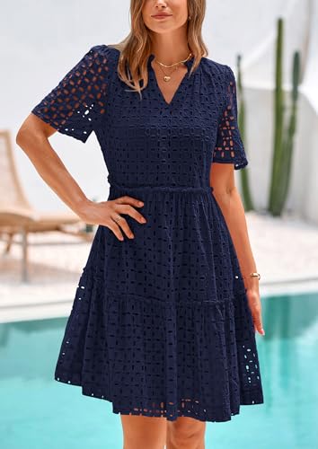 PRETTYGARDEN Eyelet Dresses for Women 2025 Summer Short Sleeve V Neck Hollow Out Ruffle A Line Boho Beach Vacation Mini Dress3