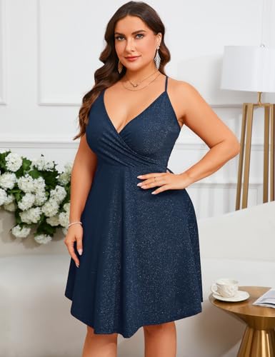 ZOMVA Plus Size 0X-4X Sparkly Glitter Sleeveless Aline Mini Dress Sparkle Wrap Spaghetti Strap Sexy Dress Cocktail Party Club4