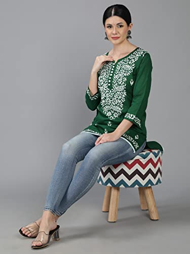 Image of Seva Chikan Hand Embroidered Lucknowi Chikankari Cotton Short Top Tunic for Women SCL9017