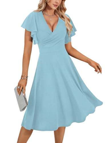 Image of LYANER Women's Warp V Neck Ruffle Short Sleeve A Line Swing Flared Cocktail Party Midi Dress