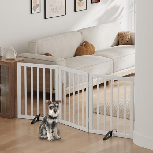 Dog Gate, Bamboo Freestanding Dog Gates for Doorways, Foldable Dog Gate Indoor, Pet Gates for Doorways Bedroom, Puppy Gate with Metal Support Feet, Room Divider 3 Panels (White) — view 5