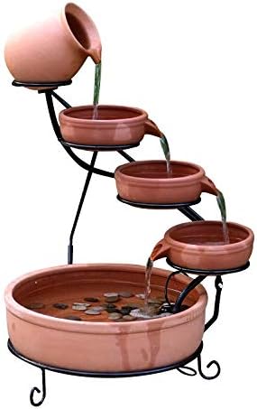 ASC Cascade Ceramic Solar Water Fountain Bowls 5 Tierd with Panel Pump Cascading Garden Decoration Bird Iron Frame (Terracotta with Battery and Led)