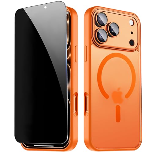ZZYYQSL Magnetic for iPhone 17 Pro Case with Privacy Screen Protector & Built-in Camera Protection, Compatible with Magsafe, Shockproof Protective Cover for iPhone 17Pro Men Woman - Orange