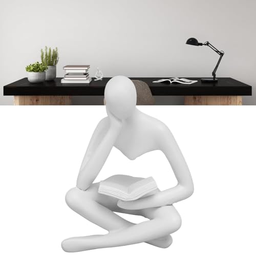 Jwthee Decorazione del pensatore del libro di lettura, Statua del pensatore in resina moderna Scultura di arte astratta Scultura del pensatore seduto e di lettura Ornamento per mensole (White)