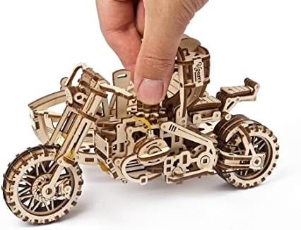 UGEARS Motorcycle with Sidecar 3D Puzzles - UGR-10 Motorcycle Scrambler Wooden Model Kits for Adults to Build - Retro Design Sidecar Motorbike Model Kit with Rubber Band Motor - Model Building Kit