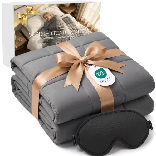 Smart Queen Weighted Blanket with Sleep Mask 15lbs 48'' x 72'' Twin Size, Soft Cooling Heavy Blanket for Sleeping, Breathable All Season Comfort with Premium Glass Beads,Machine Washable