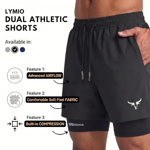 Image of Lymio Men Shorts | 2 in 1 Active Dual Shorts with Inner Tights Layer | Men's Double Layer Short for Running, Gym & Sports (SSM-S-09-11)