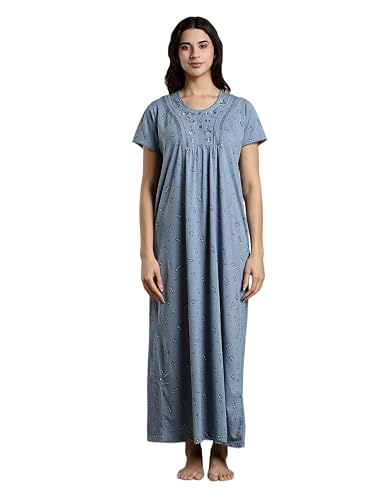 Image of 9shines Label Stylish Cotton Blend Embroidered Maxi Nightdress for Women with Pocket| Full Length Nightwear| Premium Nightdress| Comfortable Nightwear(5256)