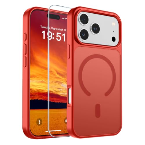 Image of SUPFINE Magnetic for iPhone 17 Pro Case with Screen Protector (Compatible with MagSafe)(Military Grade Drop Protection) Translucent Matte Phone Cover,Red