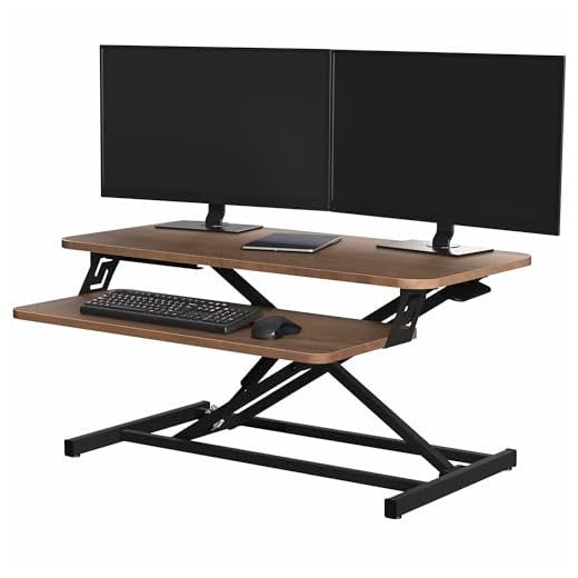 VIVO Height Adjustable 32 inch Stand Up Desk Converter, Quick Sit to Stand Tabletop Dual Monitor Riser Workstation, Dark Walnut Desktop, Black Frame, DESK-V000SD