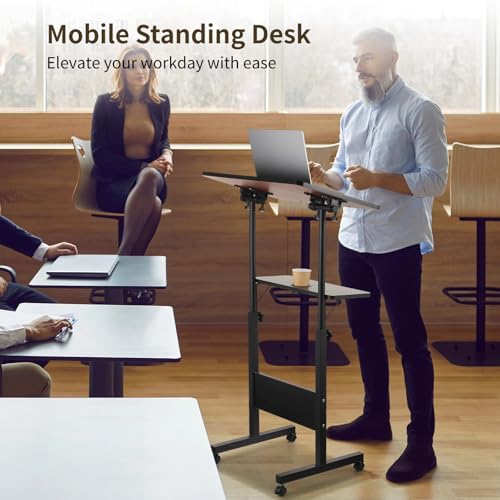 Adjustable Podium Stand, Rolling Podium with Wheels, Rolling Table Laptop Cart with Height, Storage Tray, Cup Holder for Home and Office-Black 42.3-50inch (Black, 42.3-50inch) by Joyoolife - Image 2