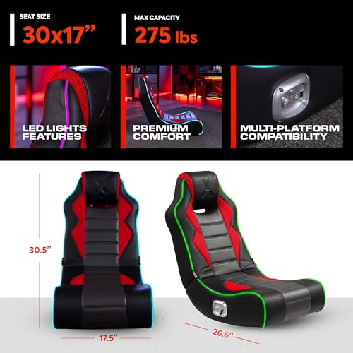 X Rocker Flash Floor Gaming Chair, Wired LED Neo Fiber Lights with Headrest Bluetooth Audio Speakers, Foldable, 5113501, 30.5" x 17.5" x 26.6", Red, Black, and Gray - Thumbnail 3