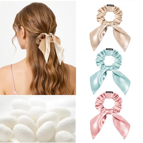 Image of THXSILK 100% Mulberry Silk Bow Scrunchies 3-Pack, 22 Momme Mulberry Silk Hair Ties for Women, Cute Bunny Ear No Damage Ponytail Holders, Fashion Hair Accessories for Girls(M, Light Colors)