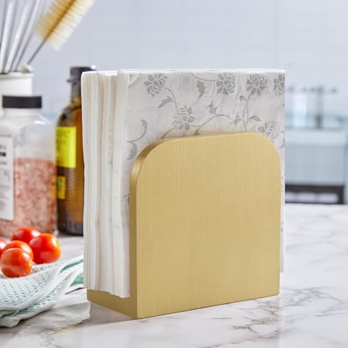 Image of ALELION Wooden Napkin Holder for Table, Upright Napkin Holders for Kitchen, Standing Napkin Dispenser for Kitchen Dining Room Party Cocktail Outdoor Use, Gold