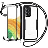Jrkvniv Cover per Samsung Galaxy A33 5G con Cordino,360 Gradi Trasparente Custodiacon con Protezione Schermo Integrata,Bumper Rugged Custodia con Regolabile Tracolla Corda Collana per 6.4"-Nero