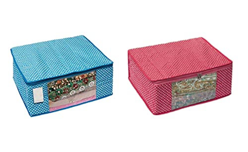 Image of Sari Organizer|Saree Organizer Wardrobe|Cotton Saree Cover Closet Orgnizer /Saree Bags For Wardrobe Orgnizer Clothe Covers |Suit Cover Bag|Lehenga Bag (Pack of 2, Pink + SkyBlue)
