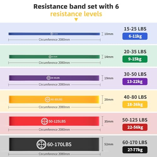 Exercise Bands,Set of 6 Resistance Bands for Working Out,Pull Up Bands Set,at Home Workout Equipment,Workout Bands for Men and Women,Instruction Guide and Carry Bag Included