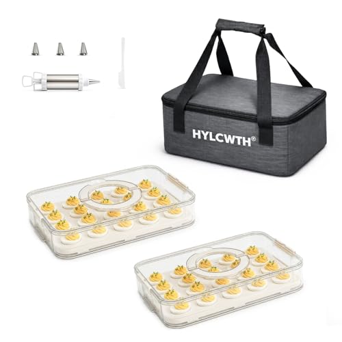 2 Pack Deviled Egg Containers with Lid, Durable Deviled Egg Platter, Fridge Portable Egg Tray with Lids for Party, Thickened Deviled Egg Carrier with Portable Insulated Bag and Piping Decorating Kit by HYLCWTH - Used condition - US$27.06