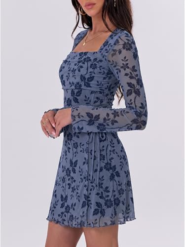 Image of Caracilia Womens Sexy Mesh Ruched Mini Dresses Long Sleeve Square Neck Tie Fall Club Party Cocktail Short Dress 2026 Fashion