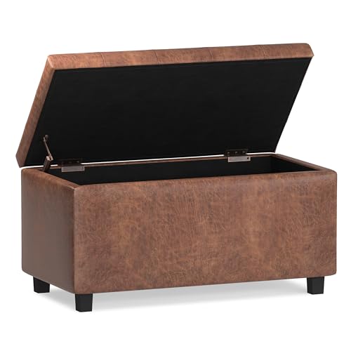 SIMPLIHOME Cosmopolitan Storage Ottoman - 34 inch Wide Upholstered Vegan Leather Rectangle Storage Ottoman Bench in Distressed Saddle Brown, Transitional Tufted Ottoman for Entryway with Lift-Up Lid - Thumbnail 4