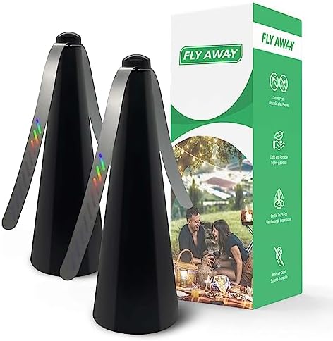 Fly Away - 2 Pack Outdoor Fly Repellent Fan, Outside or Inside Table use, Restaurant, Barbeque, Events, Deter Flies, Wasps, Bees, Other Moscas and Bugs Away, Battery Operated, Tabletop, Hanging Hook.