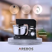 Arebos Küchenmaschine 1500W Schwarz | Knetmaschine mit 2x Edelstahl-Rührschüsseln 4,5 & 5,5L | Geräuscharm | Küchenmixer mit Rührhaken, Knethaken, Schlagbesen und Spritzschutz | 6 Geschwindigkeiten – Ansicht 7