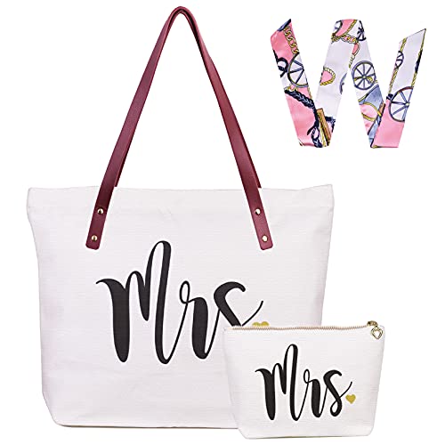 Bride Tote Bag with Makeup Bag Gold Heart Zipper Mrs. Gifts for Bride Bachelorette Engagement Bridal Shower Honeymoon Beach Wedding Bag Canvas Shoulder Bag with Interior Pocket