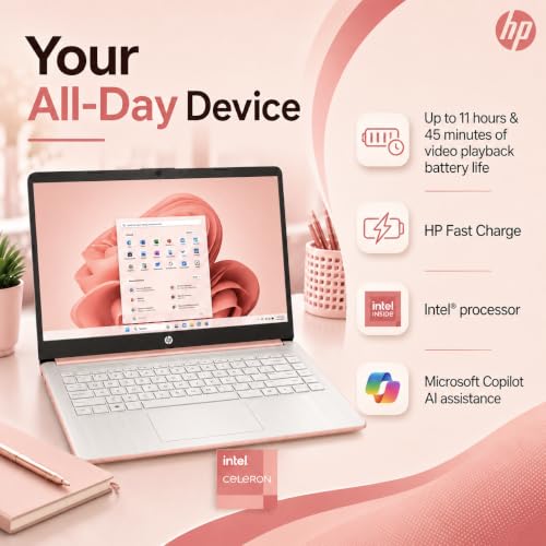 Image of HP Ultrabook Laptop, 8 GB RAM, Intel 4‑Core,1‑Year Microsoft 365, Fast Charge, WiFi 6, Win11 Home, No Mouse, Rose Gold