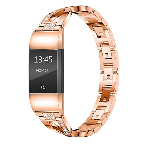 Wekin Replacement Metal Bands Compatible for Fitbit Charge 2 and Charge 2 HR, Adjustable Fashion Bling Rhinestone Smart Watch Accessory Wristband Bracelet Strap for Charge 2 Tracker (X-Rose Gold)