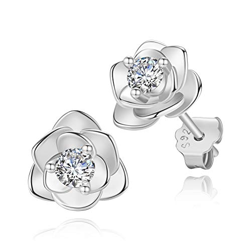 FINELOVE White Gold Rose Flower Ear Studs | Hypoallergenic Earrings for Women
